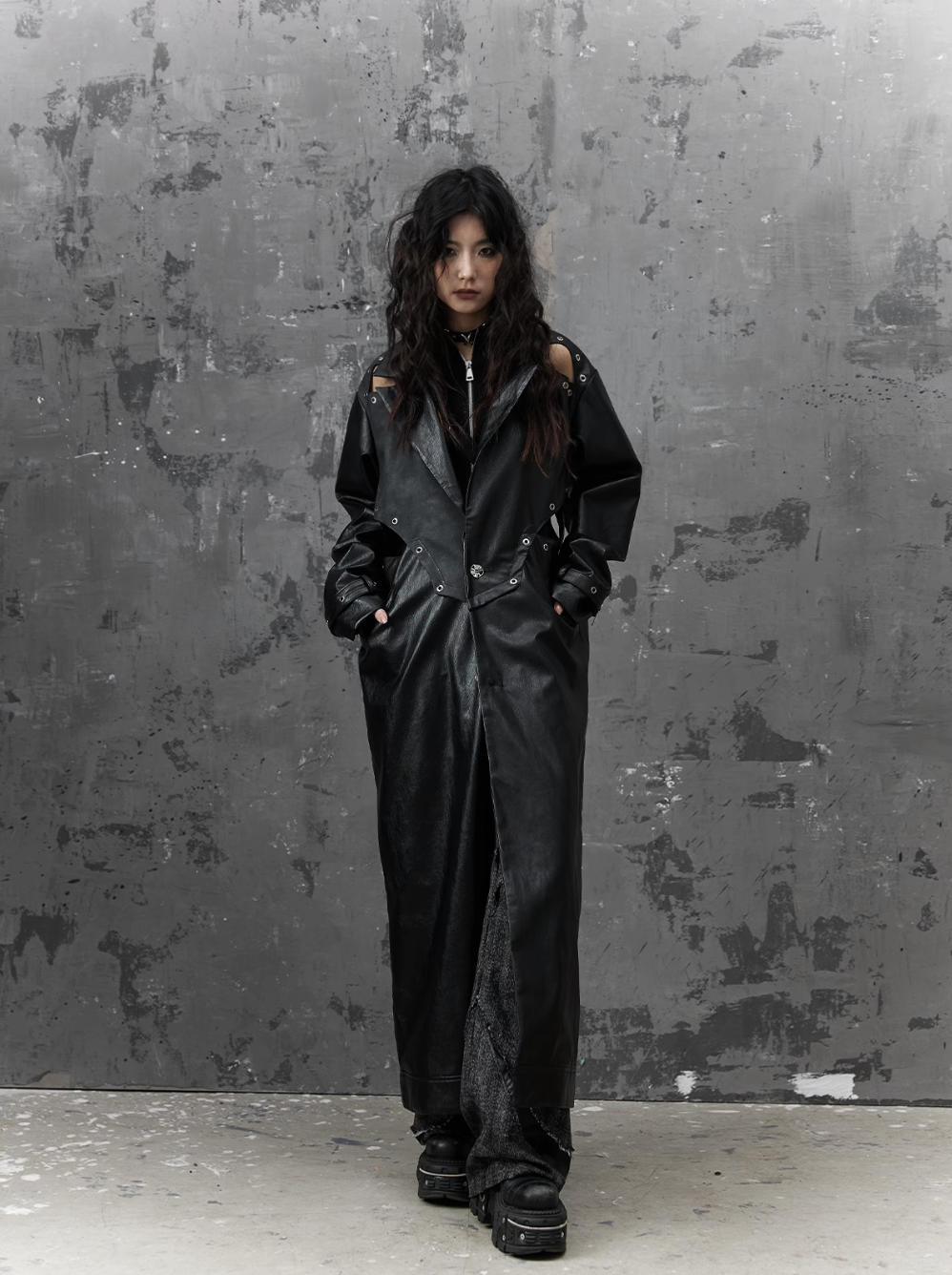 Frustration Garden Gothic Punk Maxi Coat - Black Faux Leather Trench With Oversized Collar and Asymmetrical Zip