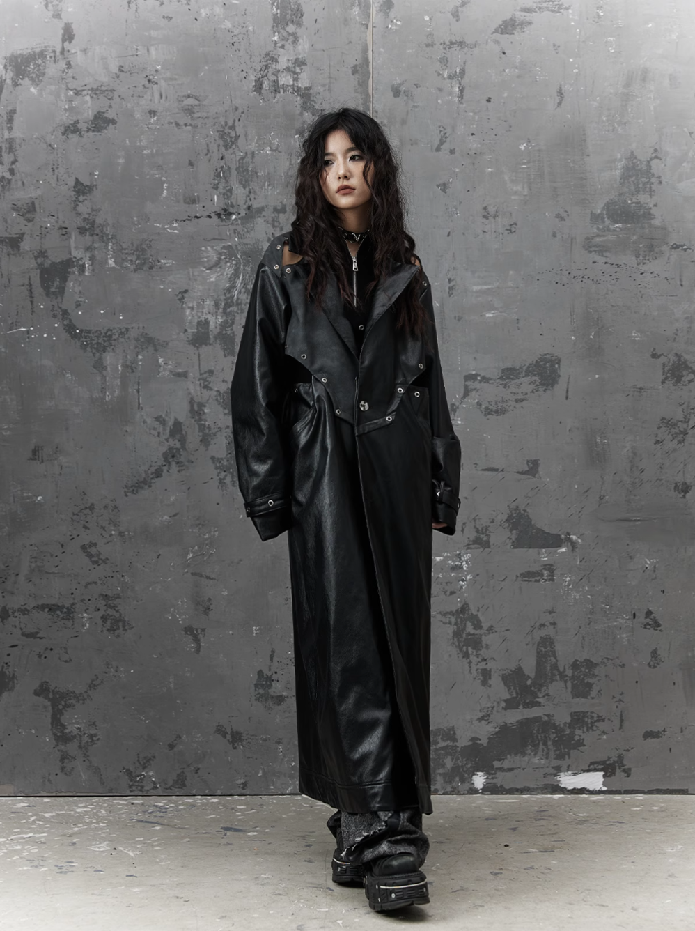 Frustration Garden Gothic Punk Maxi Coat - Black Faux Leather Trench With Oversized Collar and Asymmetrical Zip