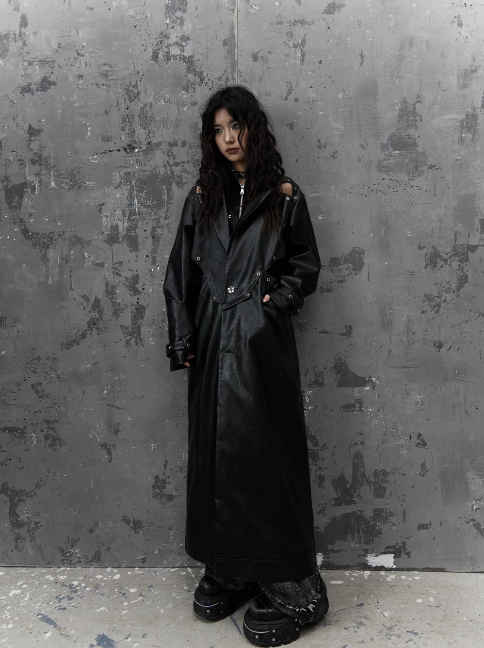 Frustration Garden Gothic Punk Maxi Coat - Black Faux Leather Trench With Oversized Collar and Asymmetrical Zip