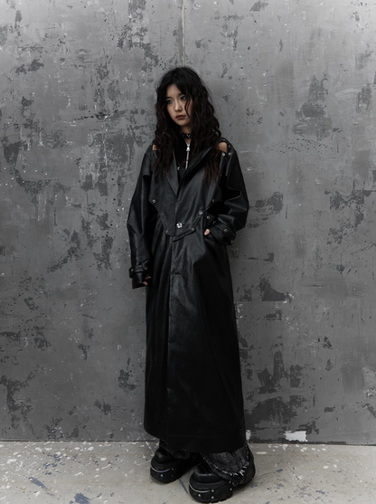 Frustration Garden Gothic Punk Maxi Coat - Black Faux Leather Trench With Oversized Collar and Asymmetrical Zip