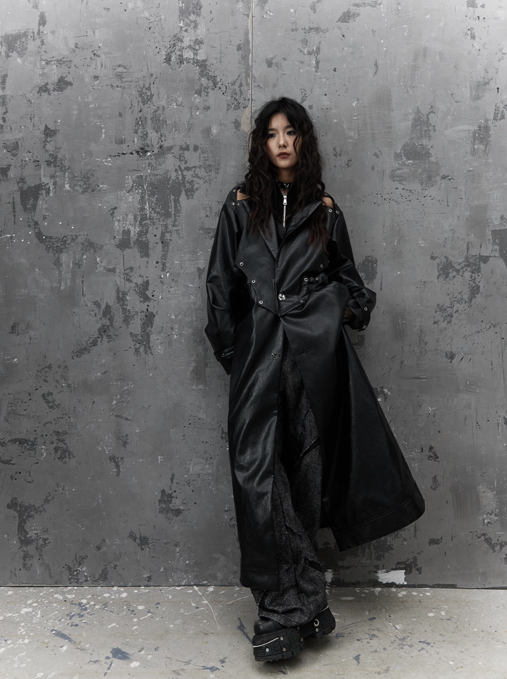 Frustration Garden Gothic Punk Maxi Coat - Black Faux Leather Trench With Oversized Collar and Asymmetrical Zip