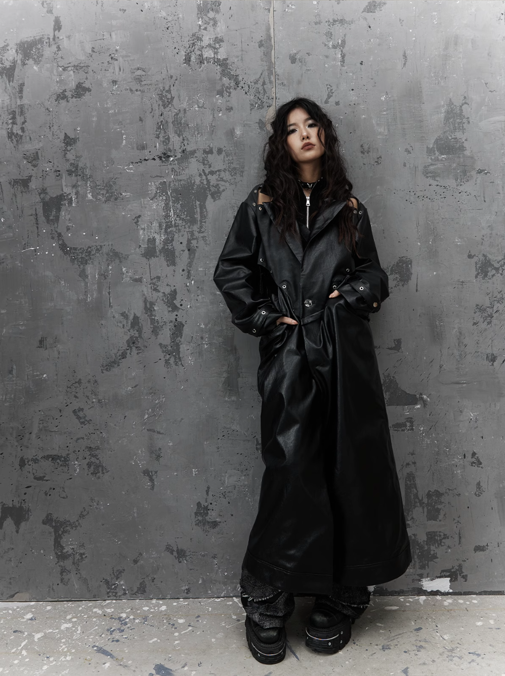 Frustration Garden Gothic Punk Maxi Coat - Black Faux Leather Trench With Oversized Collar and Asymmetrical Zip