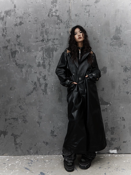 Frustration Garden Gothic Punk Maxi Coat - Black Faux Leather Trench With Oversized Collar and Asymmetrical Zip
