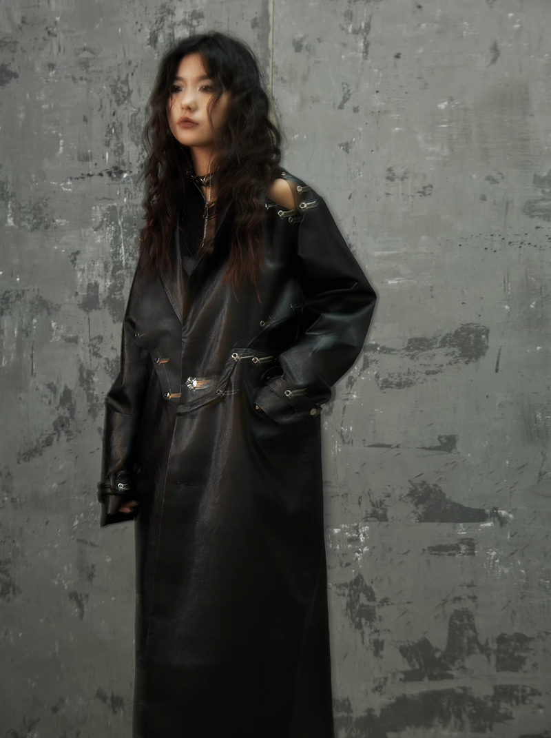 Frustration Garden Gothic Punk Maxi Coat - Black Faux Leather Trench With Oversized Collar and Asymmetrical Zip