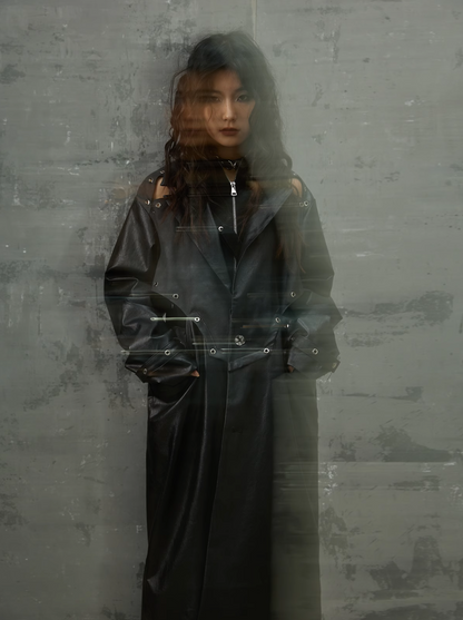Frustration Garden Gothic Punk Maxi Coat - Black Faux Leather Trench With Oversized Collar and Asymmetrical Zip