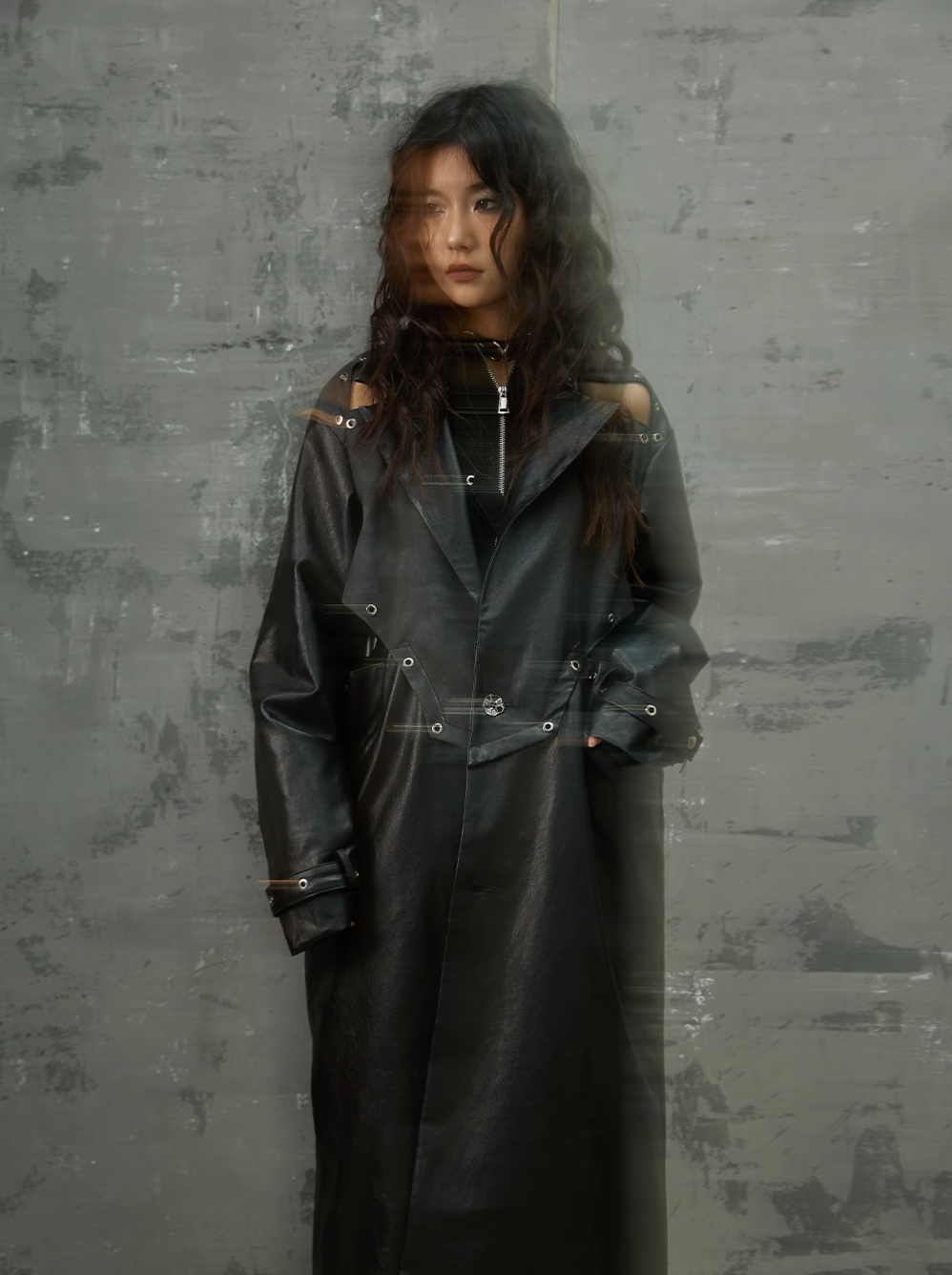 Frustration Garden Gothic Punk Maxi Coat - Black Faux Leather Trench With Oversized Collar and Asymmetrical Zip