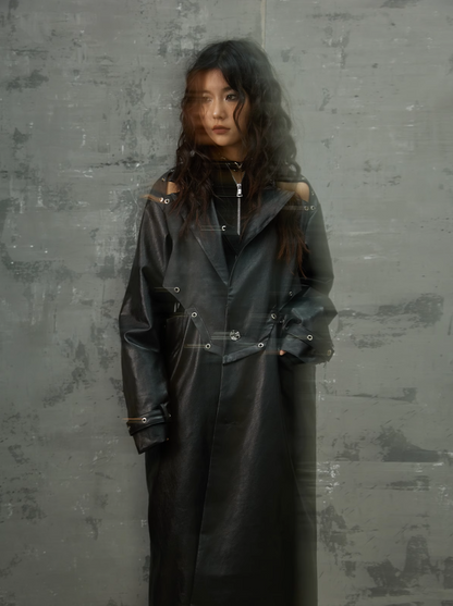 Frustration Garden Gothic Punk Maxi Coat - Black Faux Leather Trench With Oversized Collar and Asymmetrical Zip
