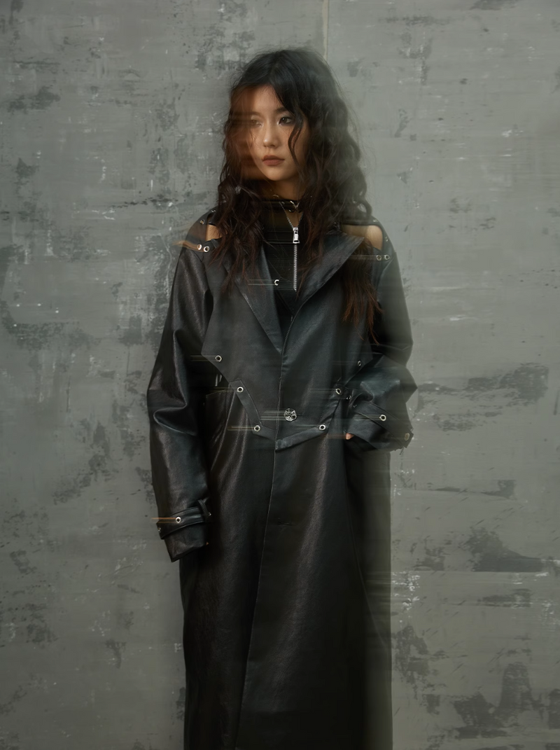 Frustration Garden Gothic Punk Maxi Coat - Black Faux Leather Trench With Oversized Collar and Asymmetrical Zip