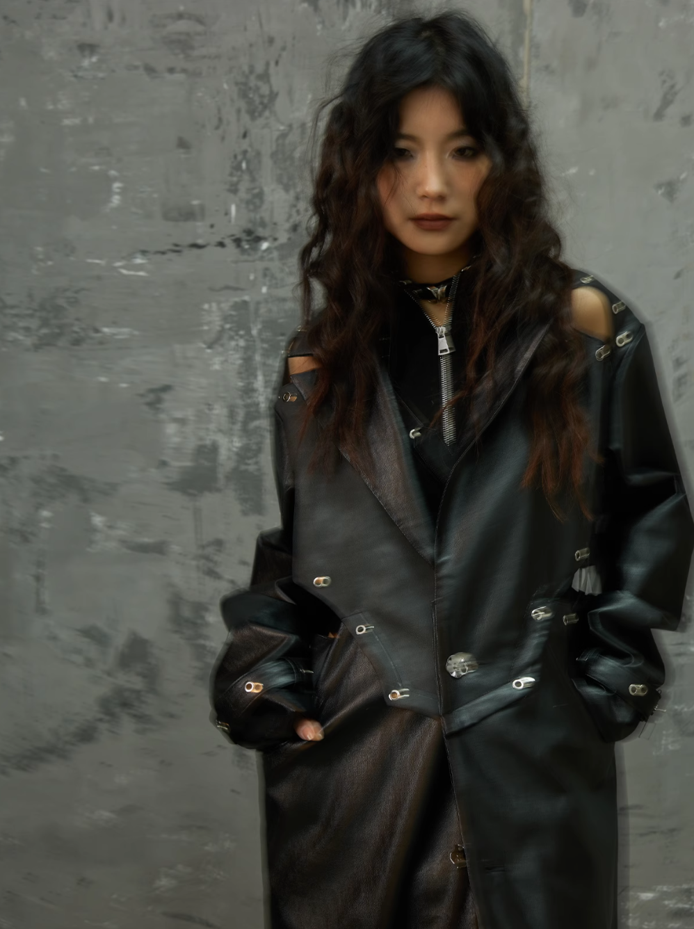 Frustration Garden Gothic Punk Maxi Coat - Black Faux Leather Trench With Oversized Collar and Asymmetrical Zip