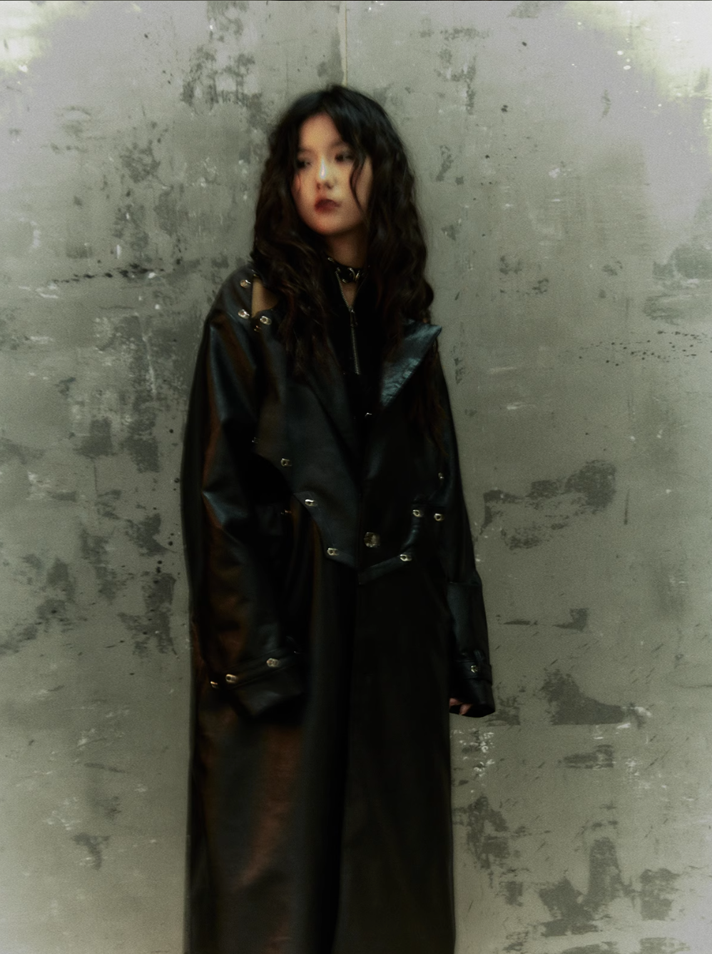 Frustration Garden Gothic Punk Maxi Coat - Black Faux Leather Trench With Oversized Collar and Asymmetrical Zip
