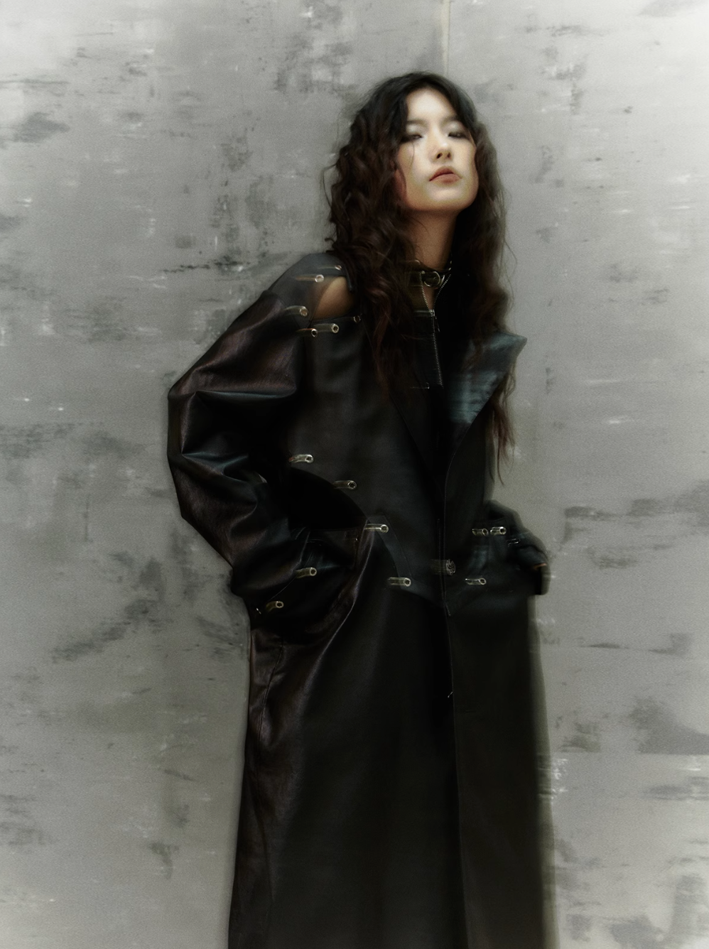 Frustration Garden Gothic Punk Maxi Coat - Black Faux Leather Trench With Oversized Collar and Asymmetrical Zip