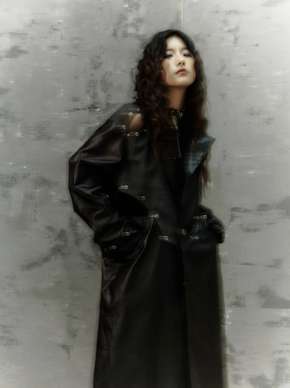 Frustration Garden Gothic Punk Maxi Coat - Black Faux Leather Trench With Oversized Collar and Asymmetrical Zip