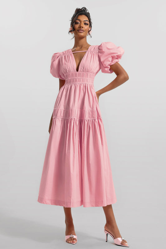 V-neck Puff Sleeve Midi Dress