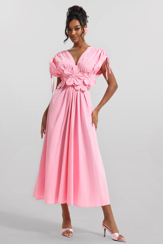 3d V-neck Lace Up Midi Dress