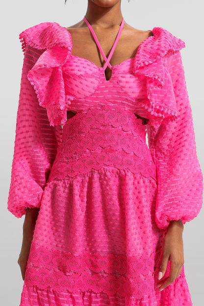 Lace Frill Lantern Sleeve Maxi Dress