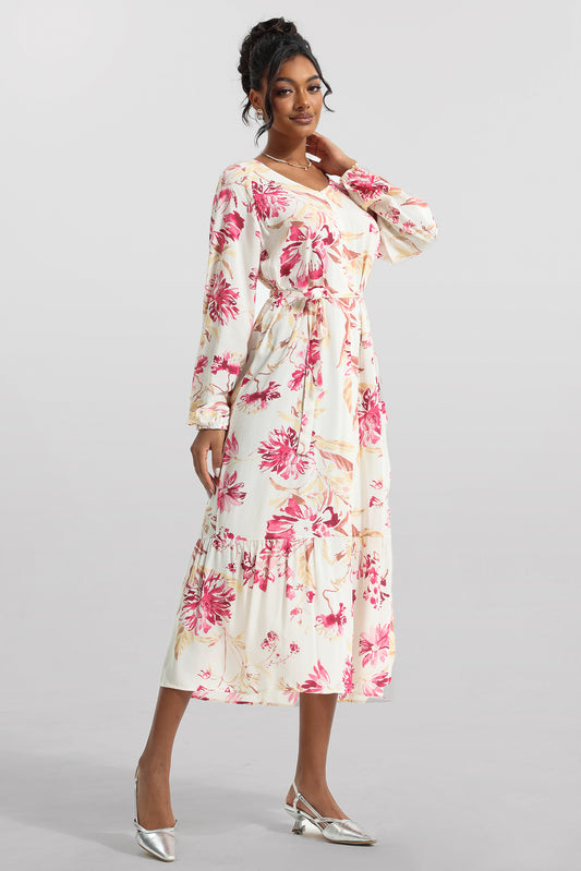 V-neck Long Sleeve Midi Dress With Belt