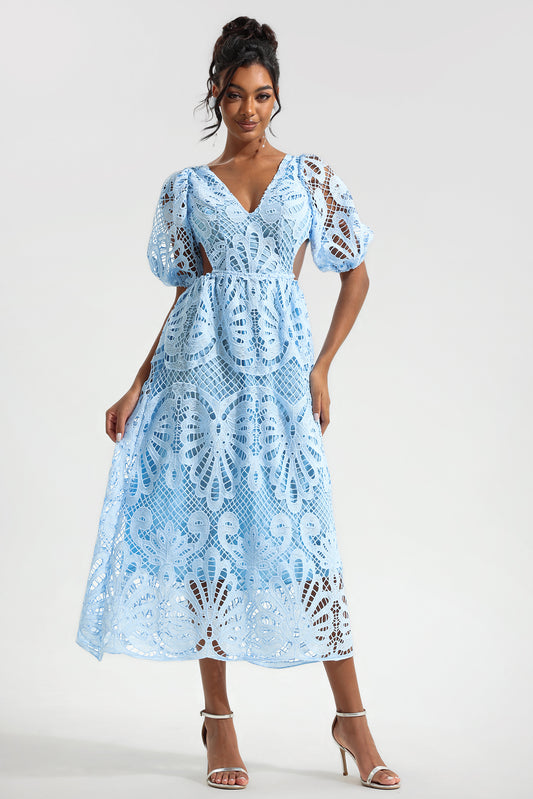 Lace V-neck Cut-out Midi Dress Blue