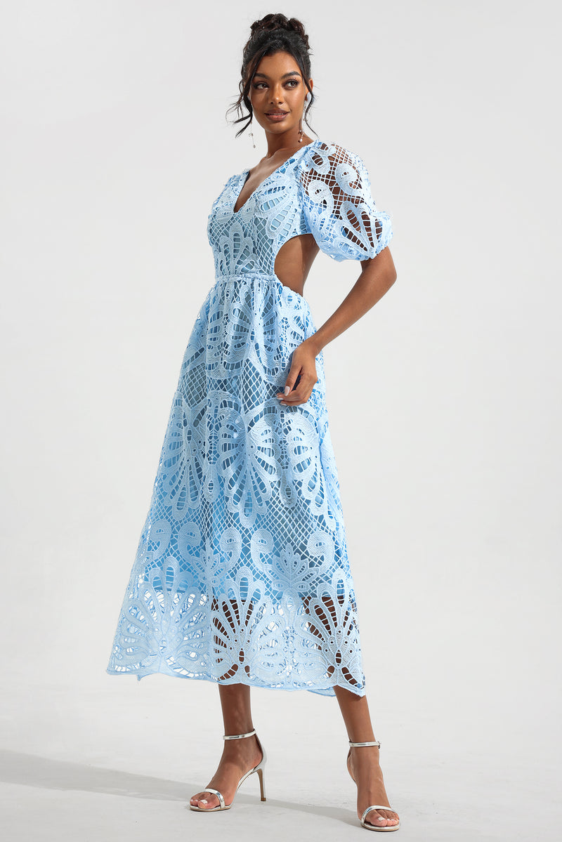 Lace V-neck Cut-out Midi Dress Blue