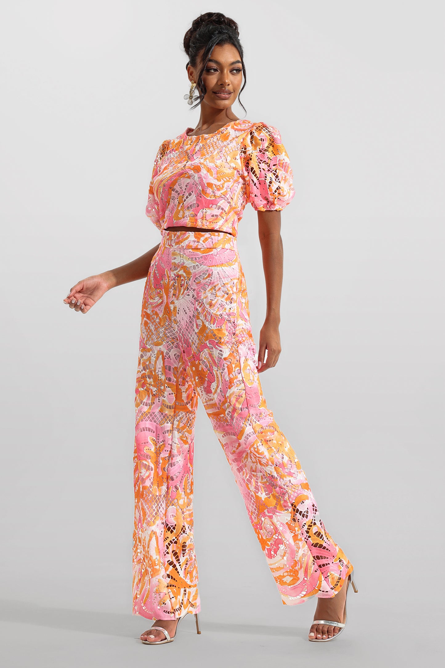 Lace Round Neck Mid Sleeve Top & Hight Waist Pants