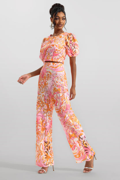 Lace Round Neck Mid Sleeve Top & Hight Waist Pants