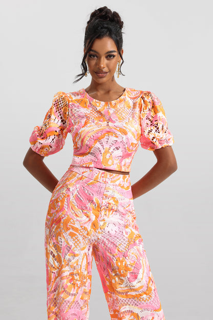 Lace Round Neck Mid Sleeve Top & Hight Waist Pants