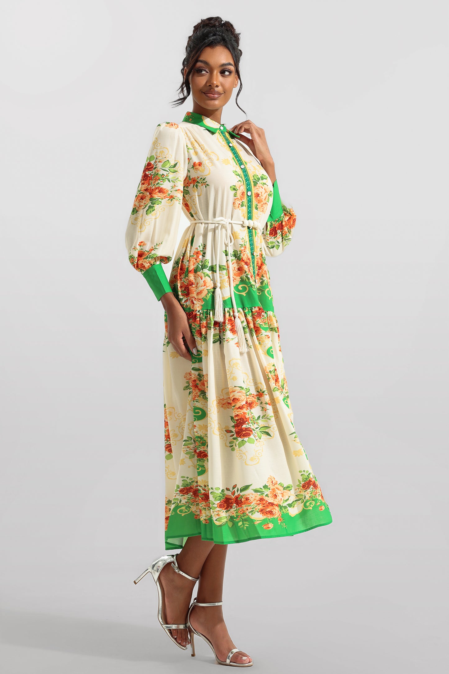 Lantern Sleeve Bottom Midi Dress With Belt