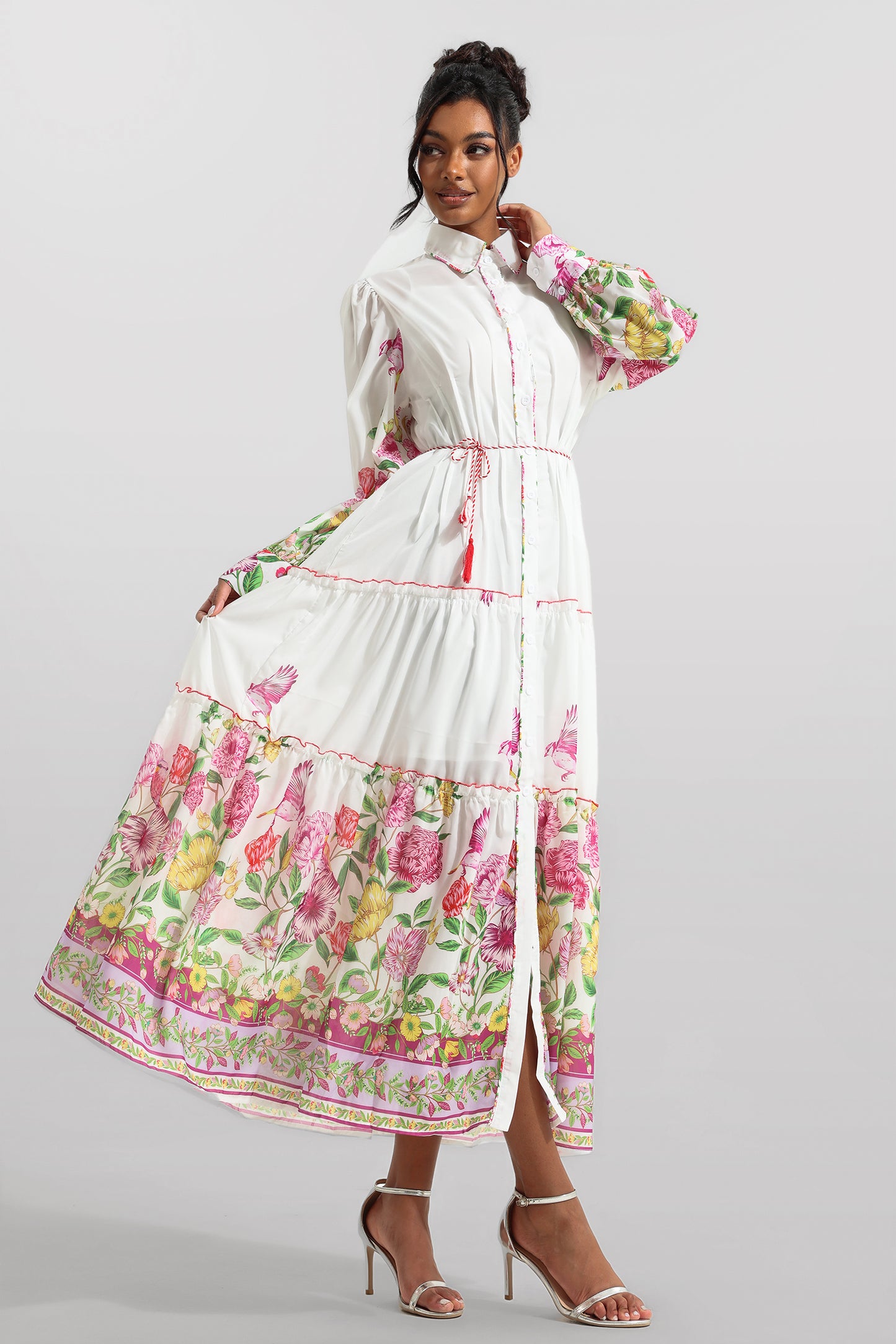 Shirt Collar Long Sleeve Midi Dress
