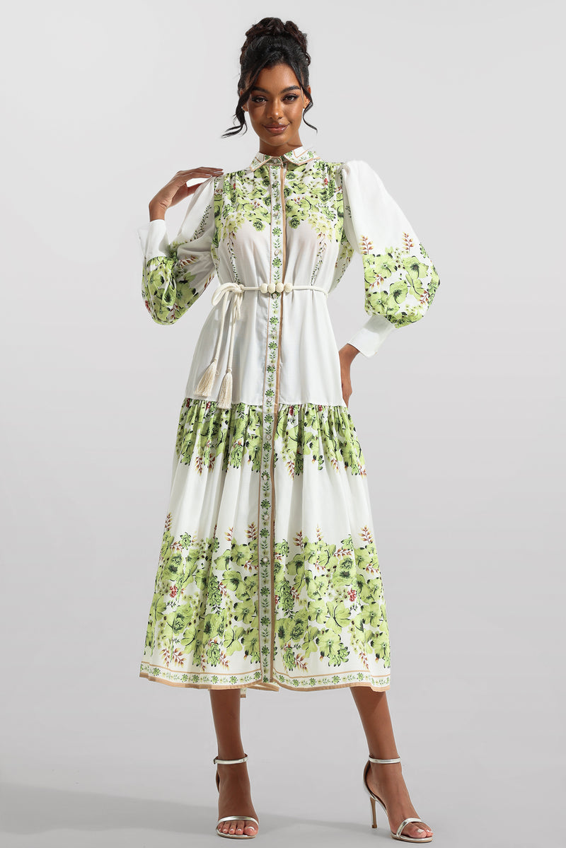 Lantern Sleeve Bottom Midi Dress With Belt
