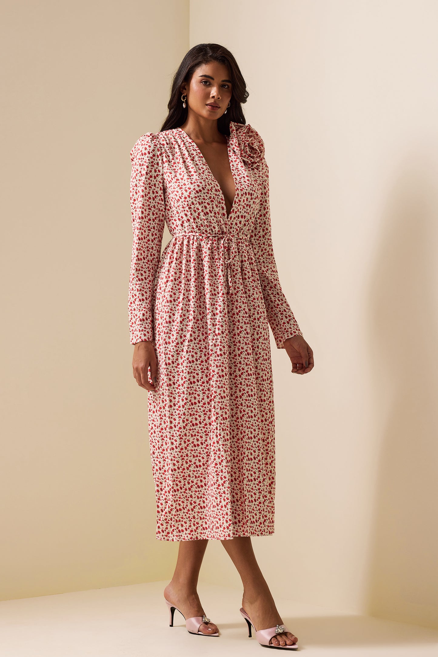 3d Long Sleeve Split Midi Dress