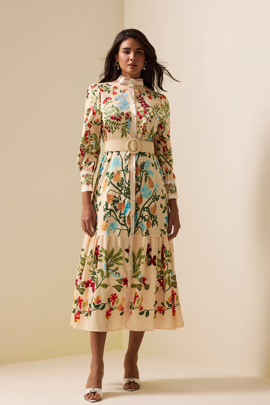 Bottom Lantern Sleeve Midi Dress With Belt