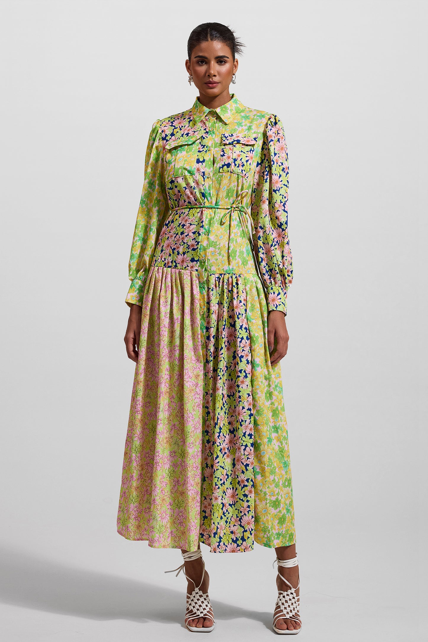 Lantern Sleeve Bottom Midi Dress With Belt