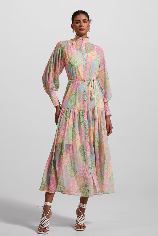 Lantern Sleeve Stand Collar Midi Dress
