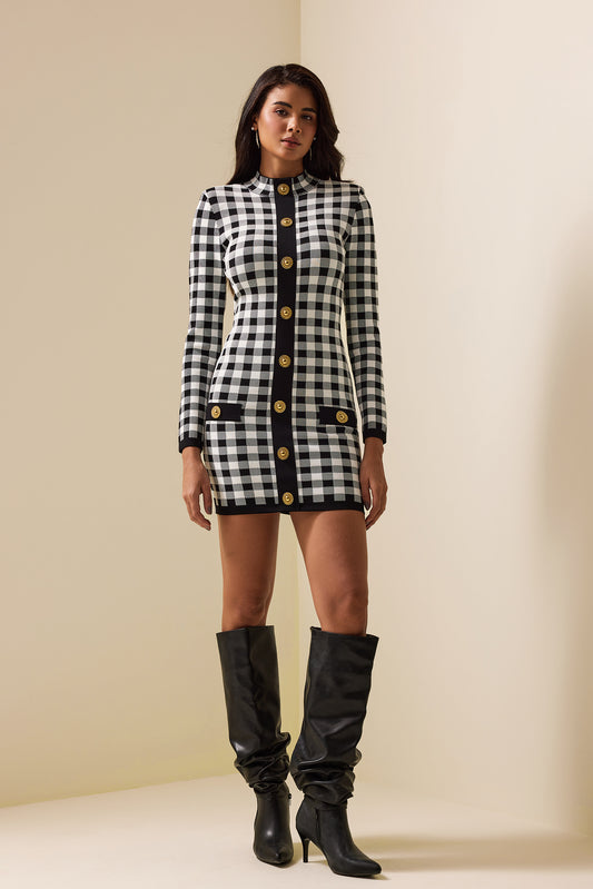 Knit Checks Metal Button Mini Dress