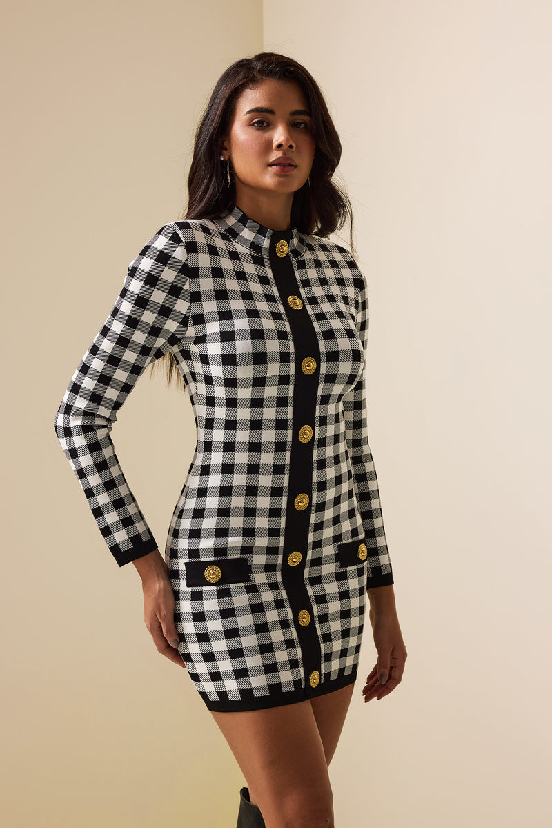 Knit Checks Metal Button Mini Dress