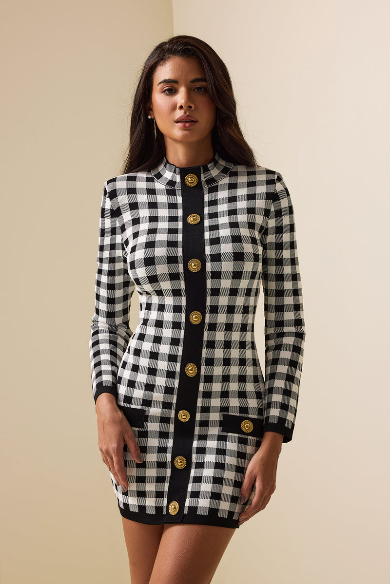 Knit Checks Metal Button Mini Dress