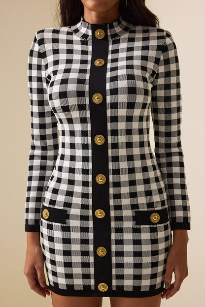 Knit Checks Metal Button Mini Dress