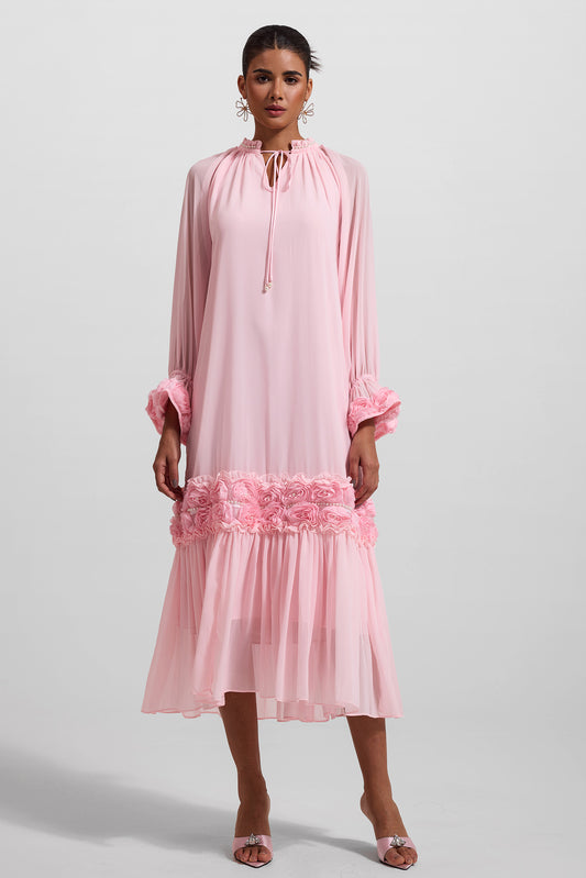 3d Frill Long Sleeve Midi Dress