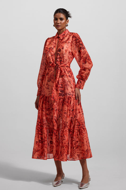 Lantern Sleeve Metal Bottom Midi Dress With Belt