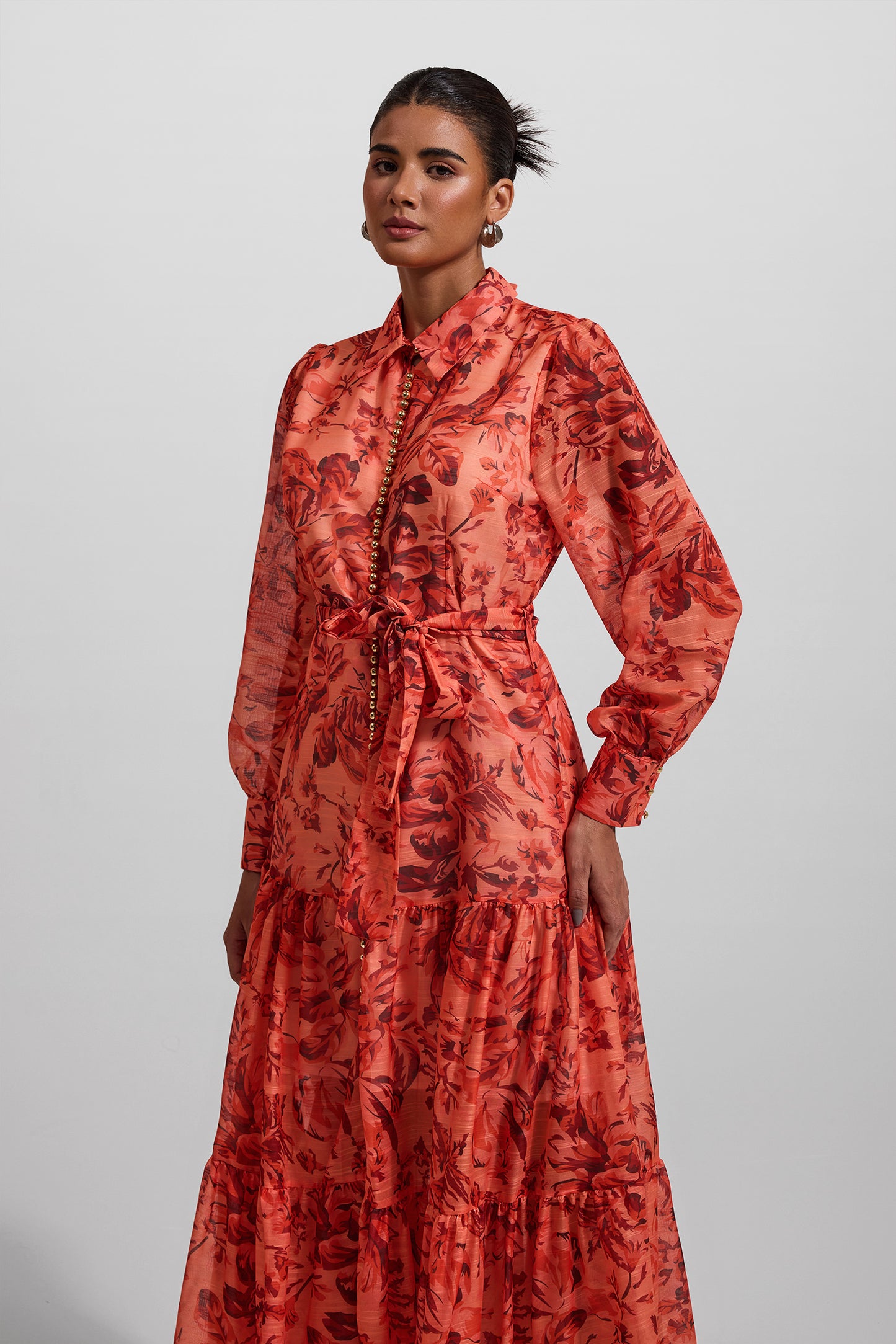 Lantern Sleeve Metal Bottom Midi Dress With Belt