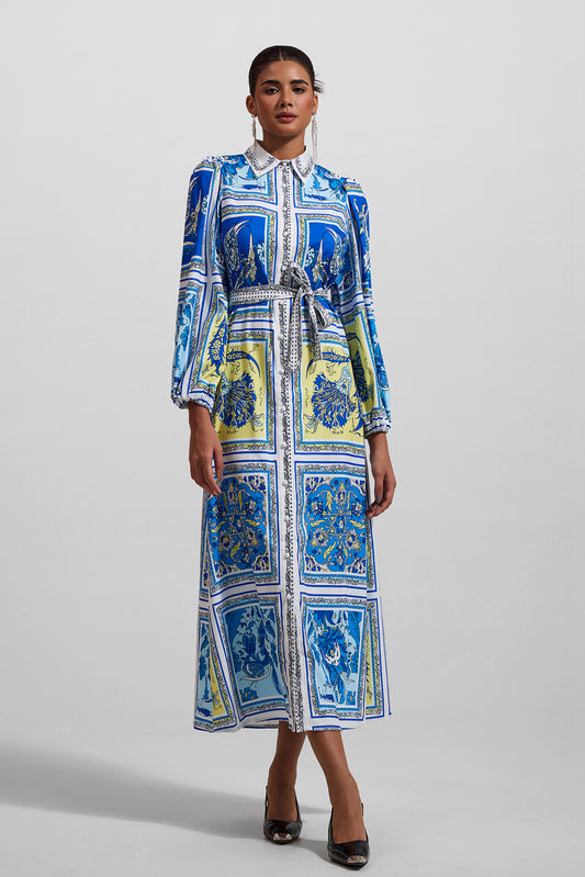 Paisley Print Lantern Sleeve Midi Dress With Belt