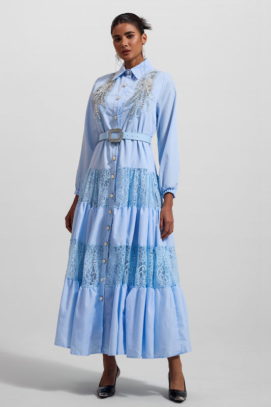 Lace Embroidered Rhinestone Lantern Sleeve Midi Dress
