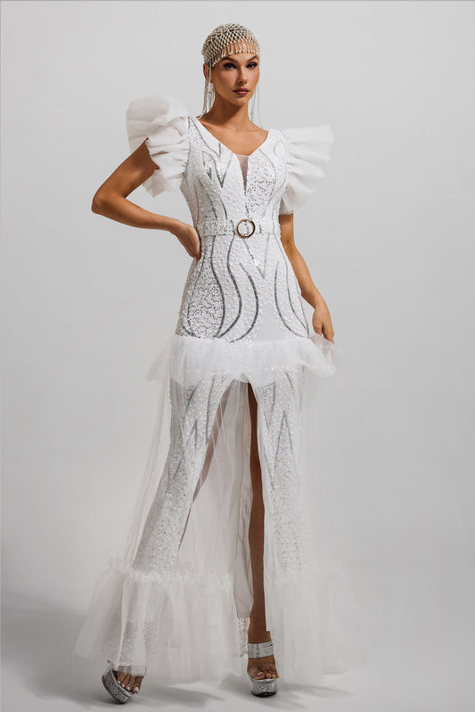 Sequin Ruffle V-neck Maxi Dress