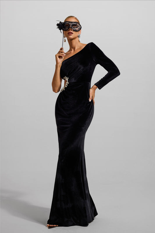 Velvet Rhinestone One-shoulder Maxi Dress