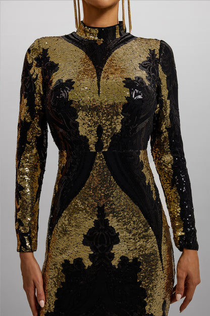 Sequin Round Neck Long Sleeve Maxi Dress