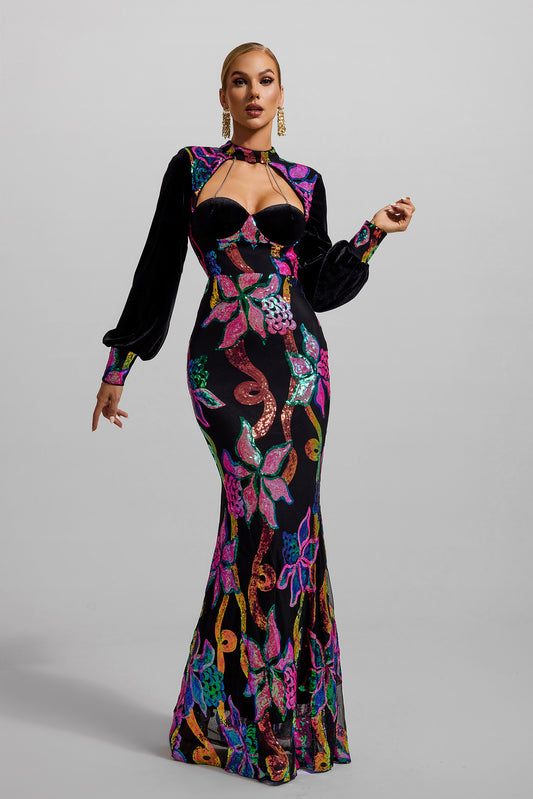 Sequin Velvet Lantern Sleeve Maxi Dress