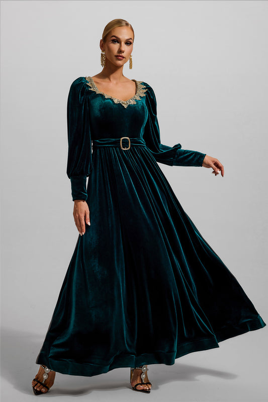Velvet Lantern Sleeve Maxi Dress