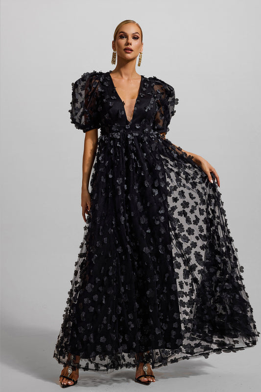 3d Puff Sleeve Maxi Dress