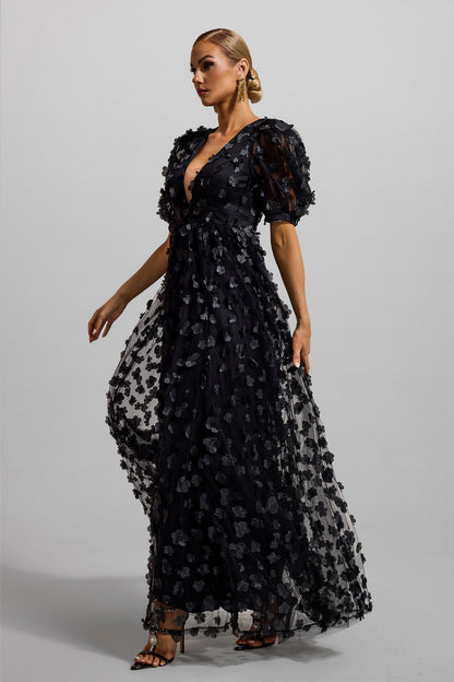 3d Puff Sleeve Maxi Dress