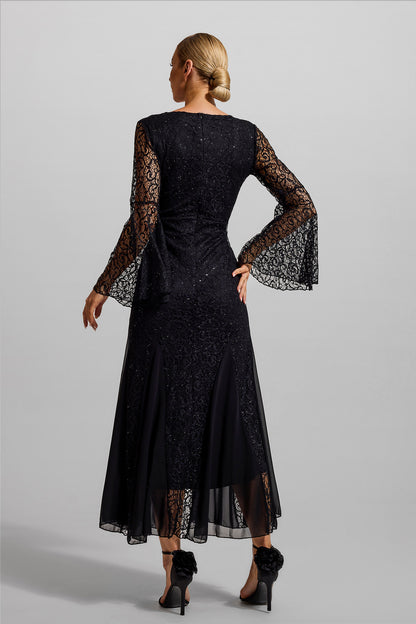 Lace V-neck Ball Sleeve Midi Dress