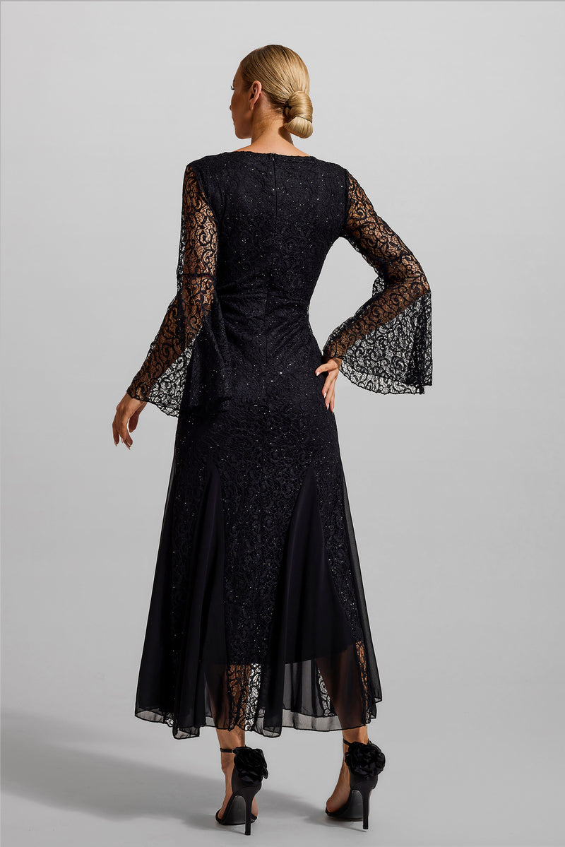 Lace V-neck Ball Sleeve Midi Dress